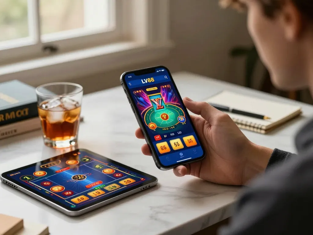 Engaging with the trang chủ lv88 app on a stylish mobile device while strategizing bets in a cozy workspace.