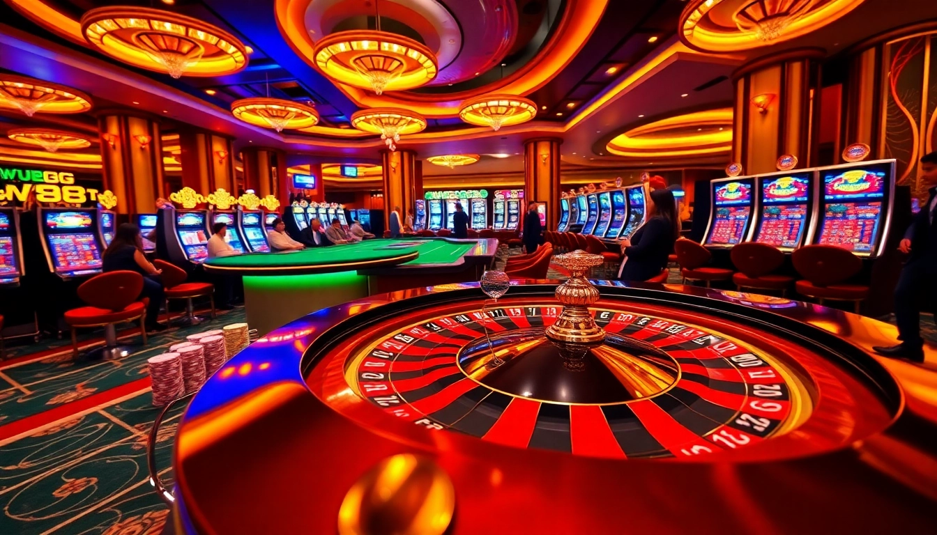 WE88 casino players enjoying a dynamic roulette game with vibrant slot machines in the background.