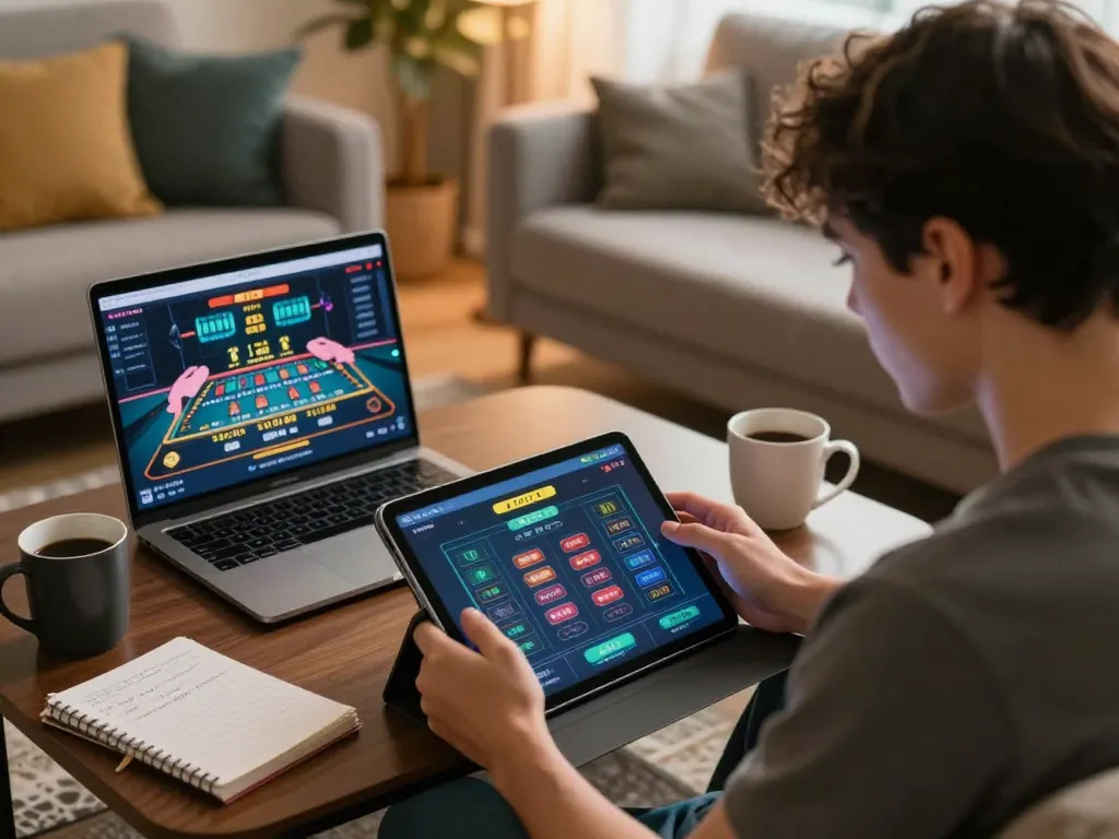 Person placing bets on the F168 online gambling platform using a tablet at home.