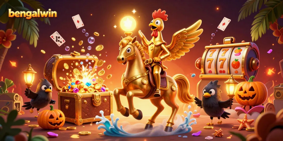 Bengalwin illuminates the casino scene with a golden rooster and pumpkin-headed companions, surrounded by treasures and gaming elements.
