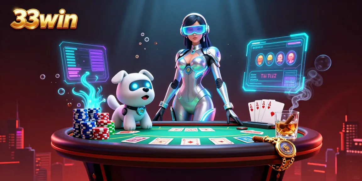 Engage with 33win's electrifying casino atmosphere, featuring futuristic characters and dynamic poker gameplay.