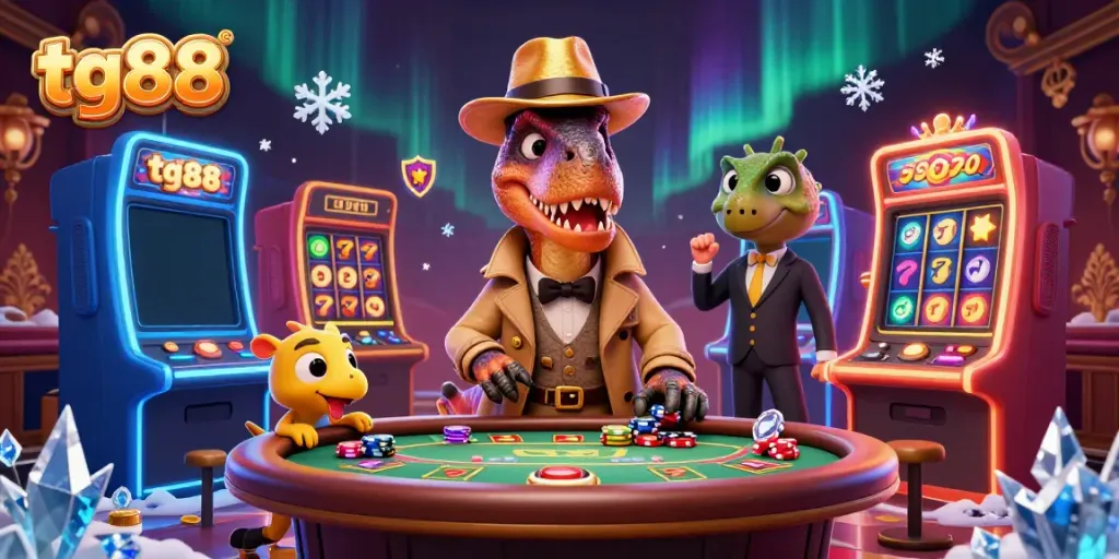 Experience thrilling gameplay at tg88 with velociraptor card counters and vibrant slot machines in a dynamic casino setting.