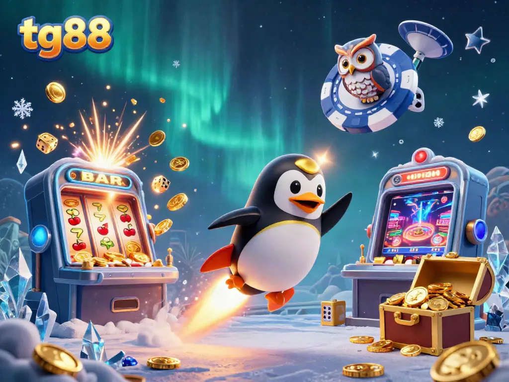 Experience thrilling gaming at tg88 with golden penguins and vibrant casino elements featured in a dynamic scene.