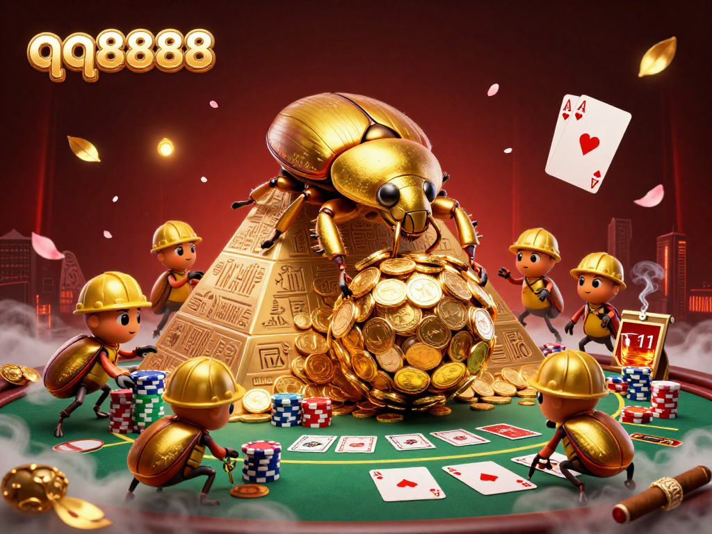 Experience the thrill of qq8888 with golden beetles and casino symbols in this vibrant 3D scene.