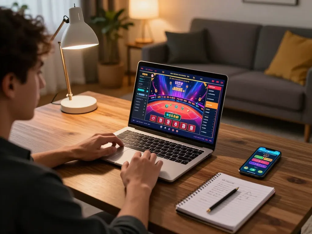 Dynamic online gaming scene at https://kjc365.com/ showcasing a player engaged with live dealer game, cozy decor enhancing the atmosphere.