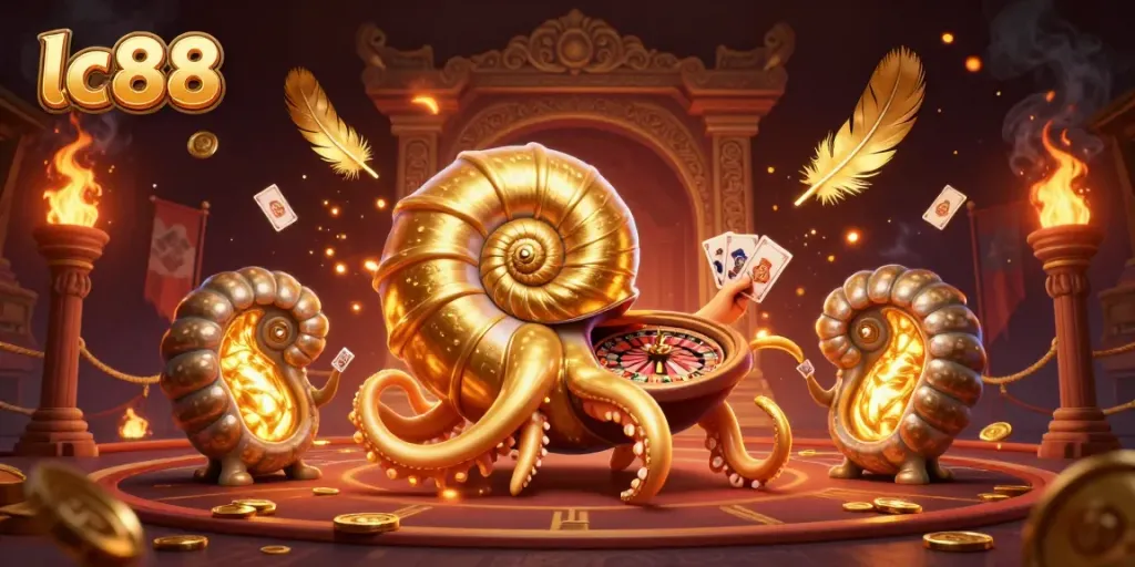 Bet on vibrant lc88 3D casino scene with glowing nautilus roulette wheel and dynamic game elements.