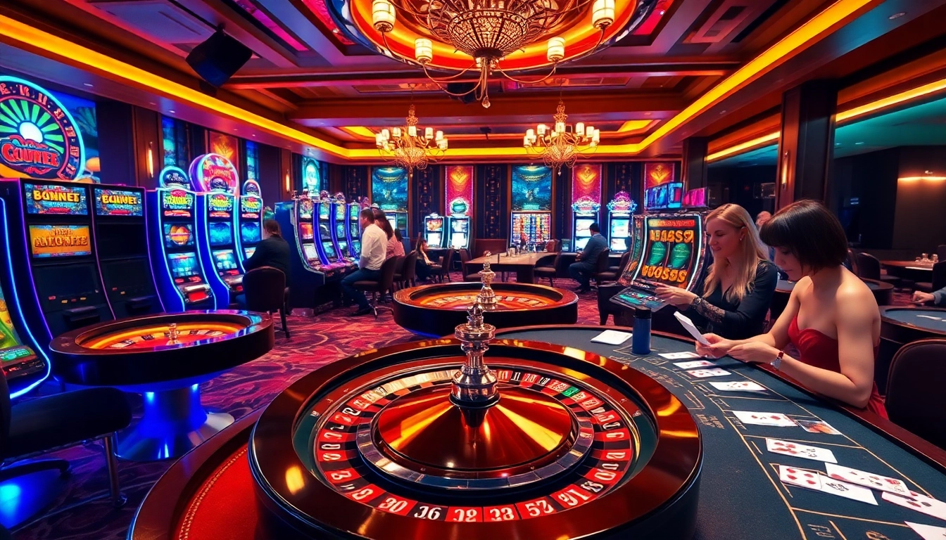 Engaging casino scene at https://mtr888.com/, featuring thrilled players, roulette, and colorful slot machines.