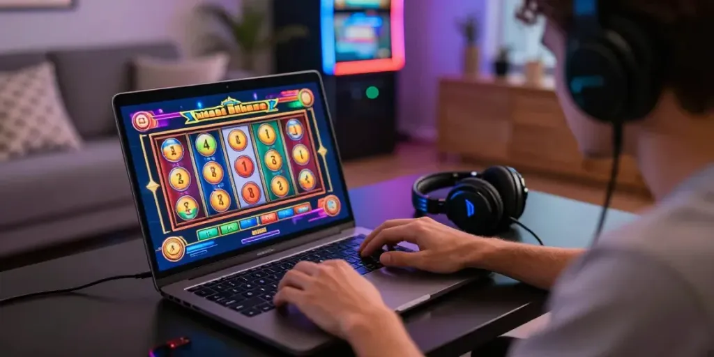 Engaging online casino experience at https://1da88.it.com/ with vibrant slot graphics and cozy living room.