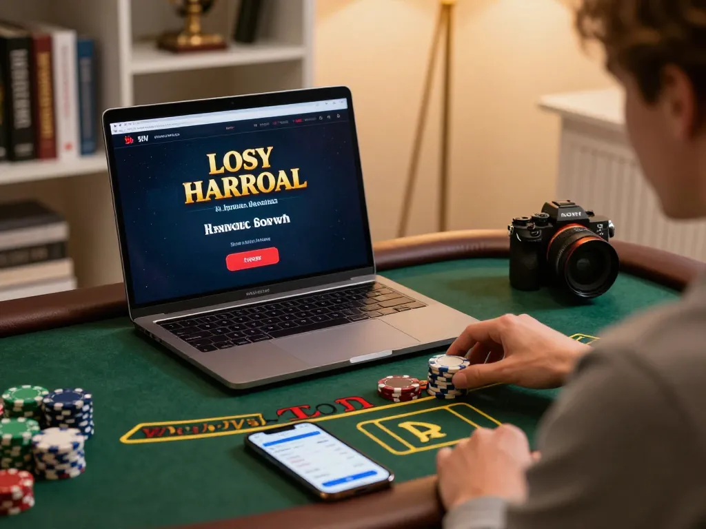 Engaged player strategizing with Sunwin online blackjack, laptop and smartphone displaying betting options.