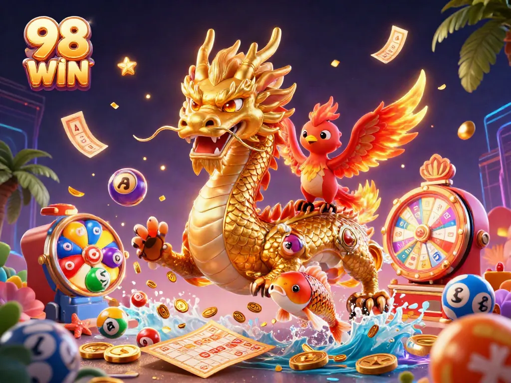 Experience thrilling gameplay with 98 WIN, featuring a dynamic golden dragon, colorful lottery elements, and vibrant casino excitement.