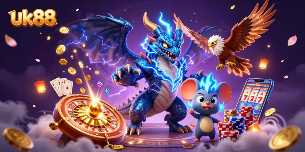 Win big with uk88's exciting casino games featuring dynamic dragons and vibrant elements.