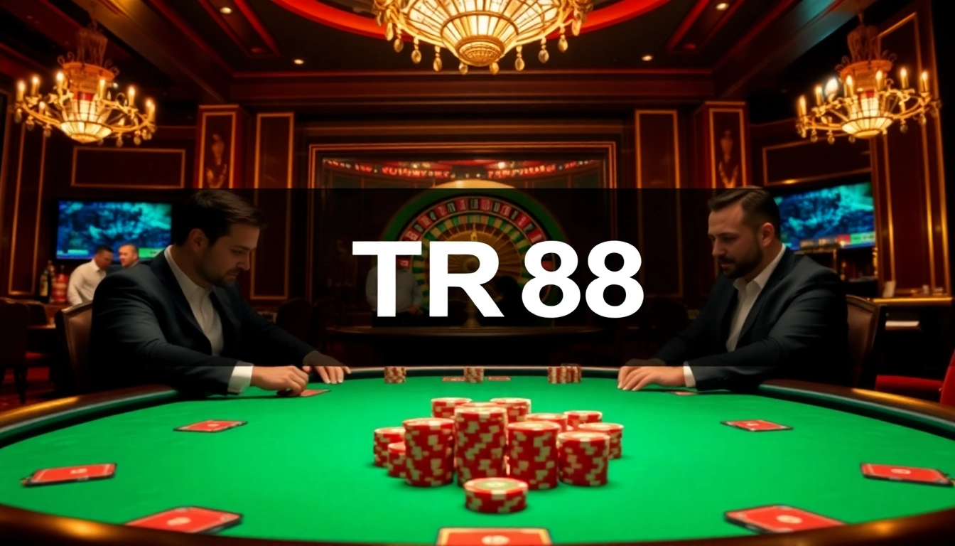 Players engaging in a poker game with the TR88 link displayed prominently, showcasing high-stakes excitement.