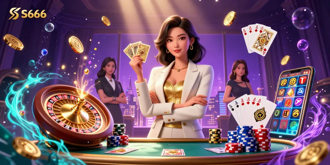 S666 challenges players in a dynamic casino setting, showcasing an elegant Asian woman with golden cards amidst vibrant gaming elements.