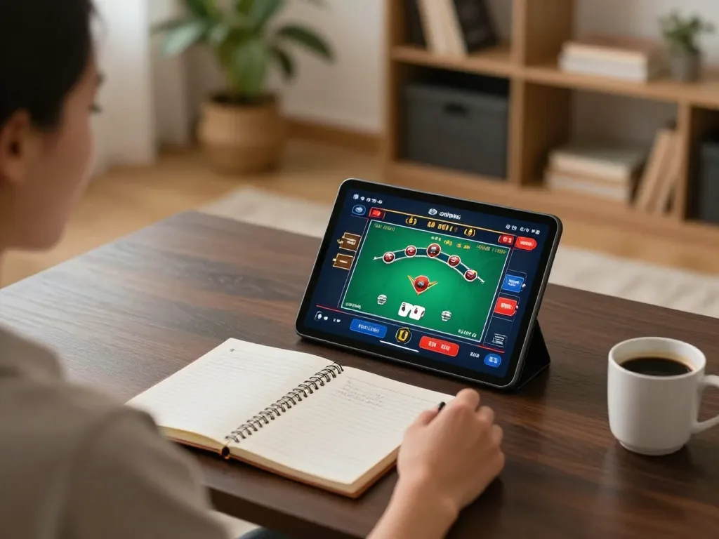 Betting on 78WIN with a tablet in a cozy home setup, showcasing online poker gameplay.