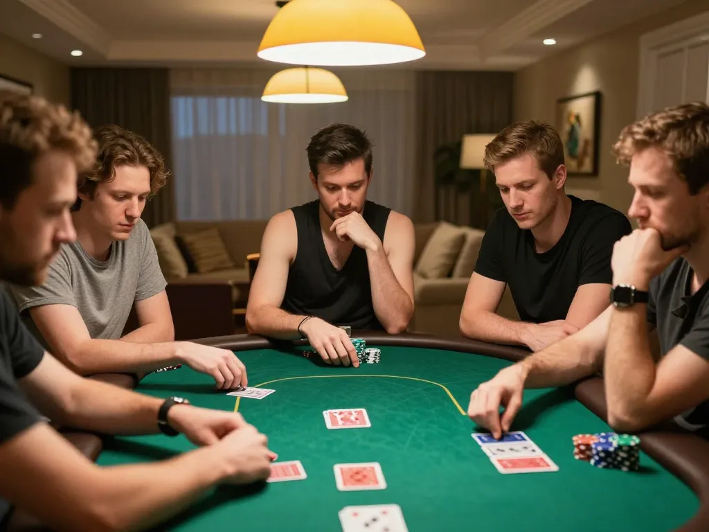 Các người chơi tham gia trò chơi chiến lược trong một đêm poker tại nhà, thể hiện môi trường và bầu không khí của Liên kết 12bet.