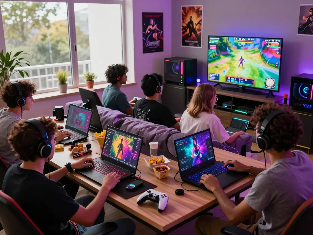 Engaged gamers enjoying interactive porn games in a vibrant setting