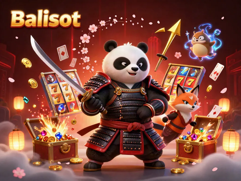Balislot illustration showcasing a samurai panda, gambling excitement with slot reels and treasure elements.