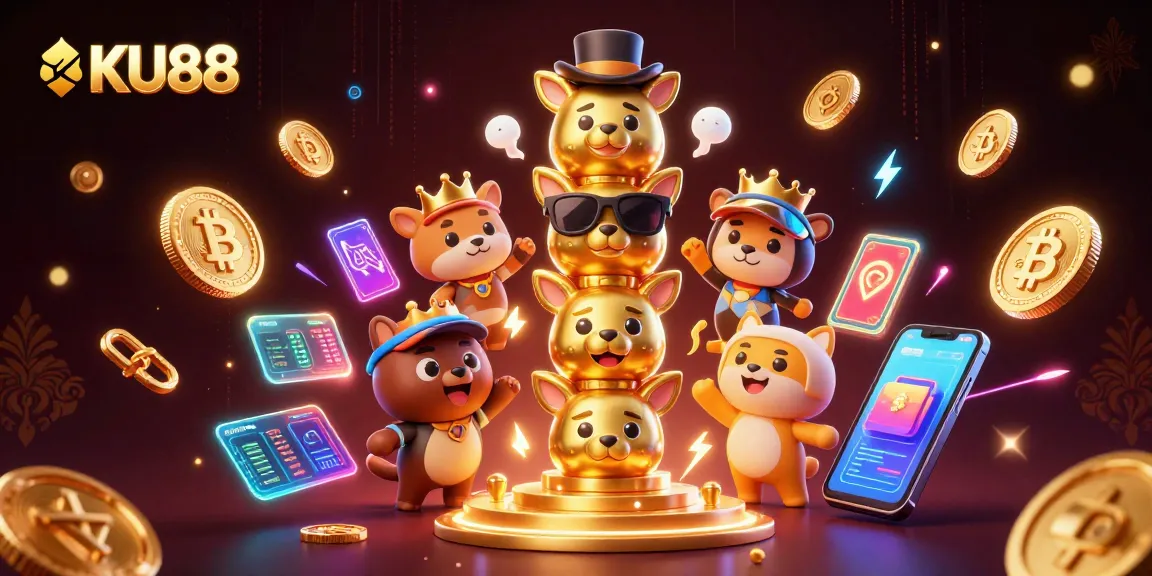 Experience winning excitement at KU88 Casino with a vibrant 3D totem illustration featuring neon crypto elements.