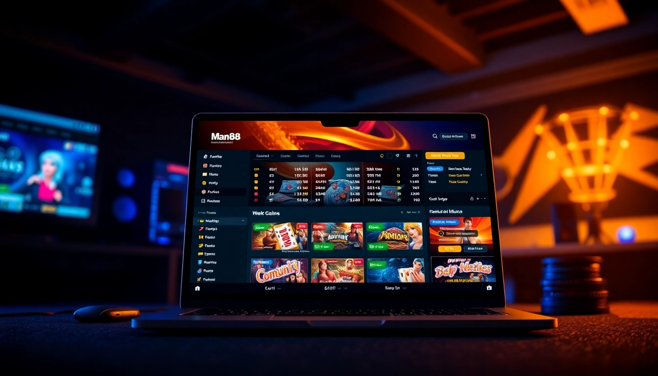 Man88 online gambling platform interface showcasing vibrant user-friendly design and real-time betting.