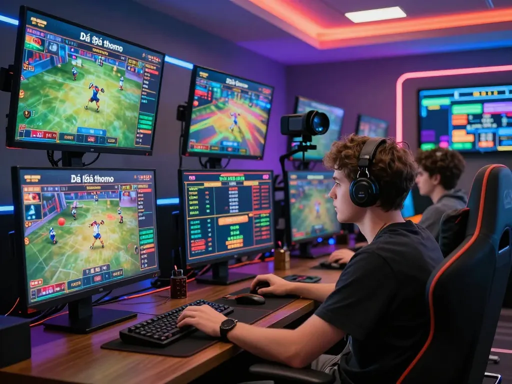 Engaging in Đá gà thomo online betting with real-time stats on multiple screens in a modern gaming setup.