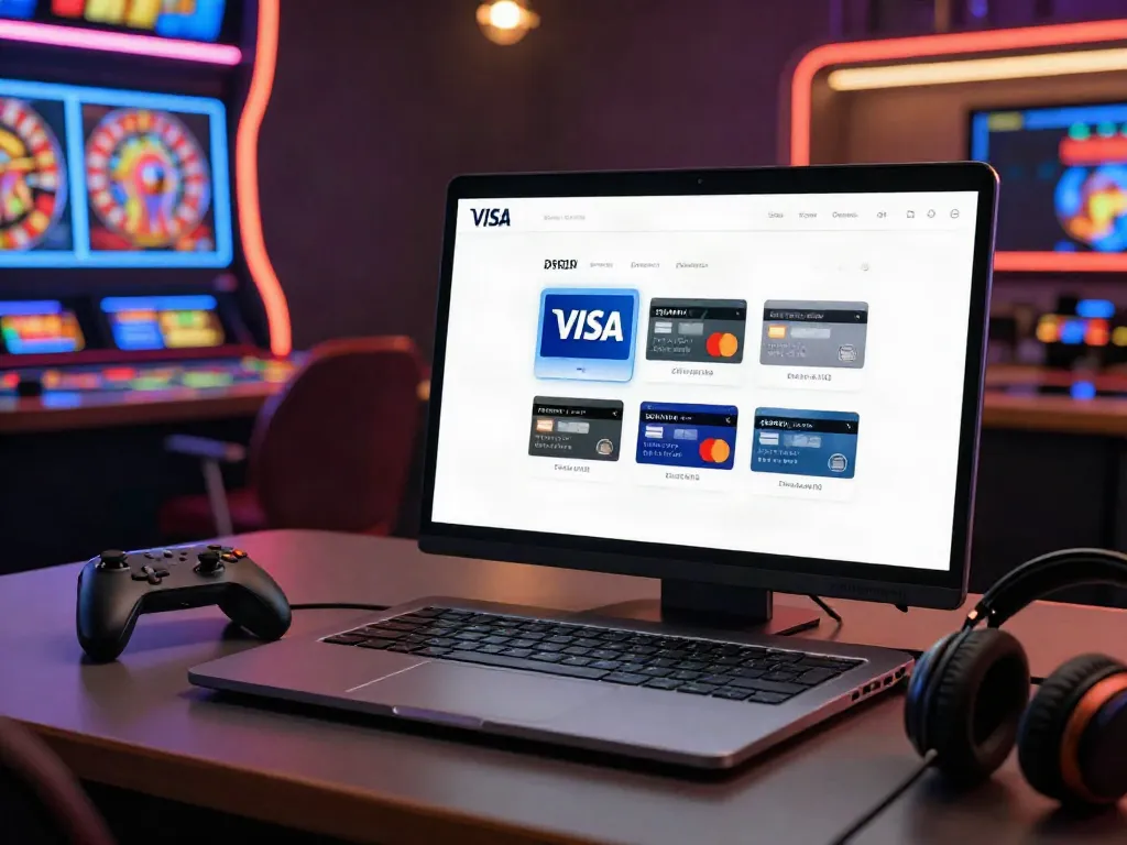 Exploring credit card casinos UK with a modern gaming setup featuring credit card options on screen.