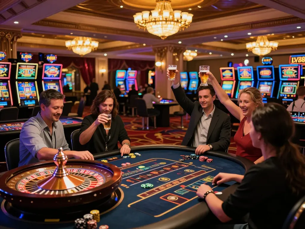Players enjoying a lively game at LV88 casino, celebrating wins amid vibrant decor.