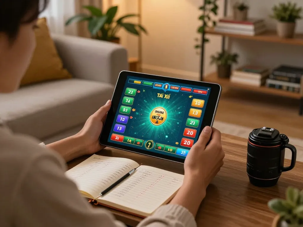 Engaged player strategizing Tài Xỉu gameplay at home using a tablet on the sofa, emphasizing responsible gambling.