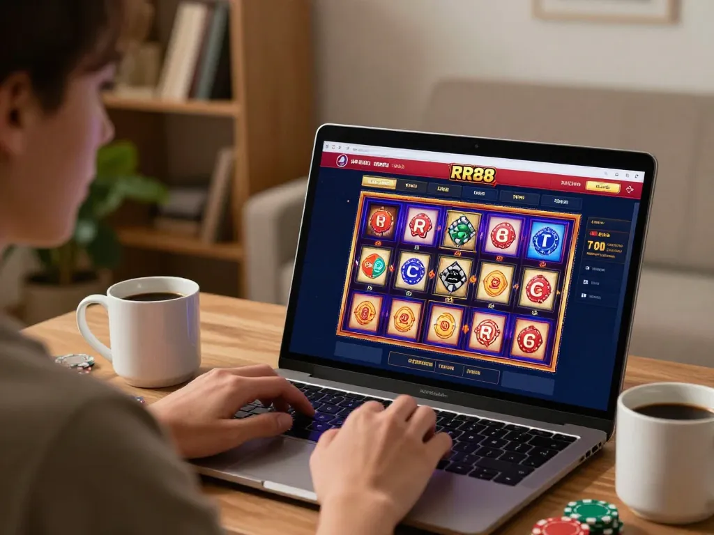 Player engaging with RR88 online casino from home, focusing on strategic slot gameplay.
