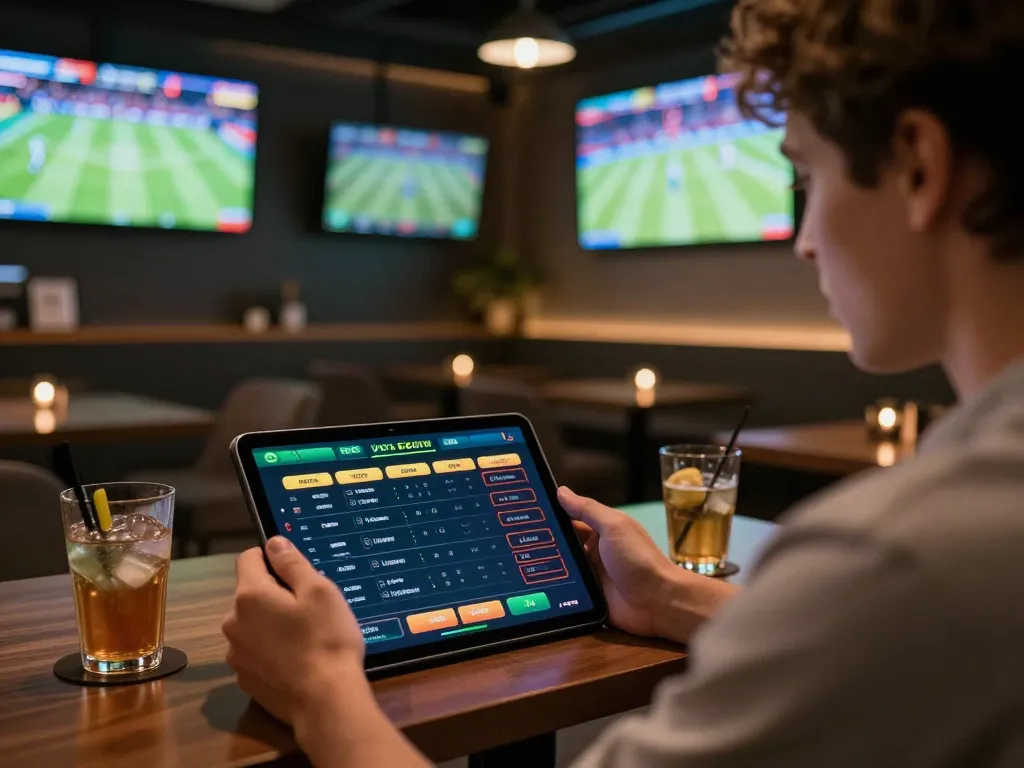 Tỷ Lệ Kèo Nhà Cái featured in a sports betting setup, user intensely engaging with live betting interface on tablet.