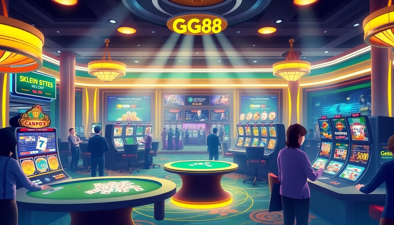 Engaging scene at nhà cái gg88 showcasing vibrant online gambling with slot machines and sports betting.