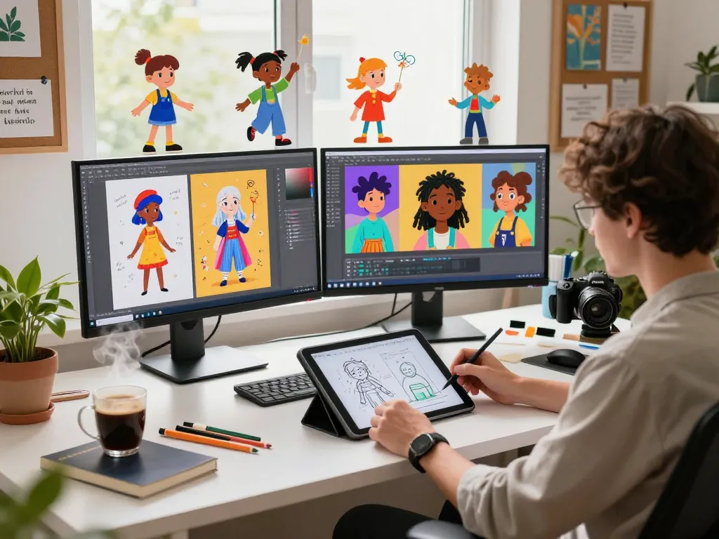 Engaging workspace showcasing CrushOn AI character design with vibrant screens and creative elements.