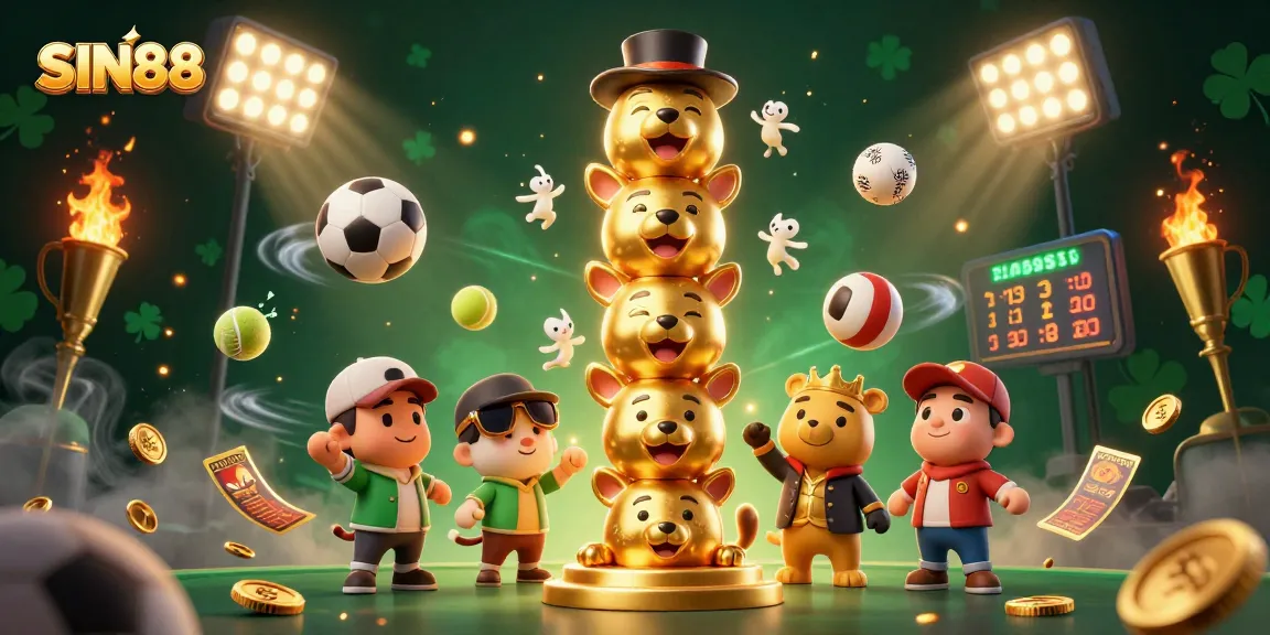 SIN88 showcases a dynamic 3D illustration of a lively casino environment filled with sports balls and vibrant elements.