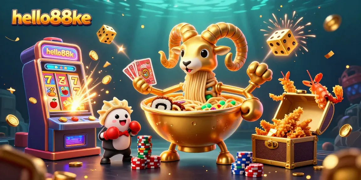 Join the excitement of hello88ke with a vibrant casino scene featuring a giant ramen bowl dealer and dynamic game elements.