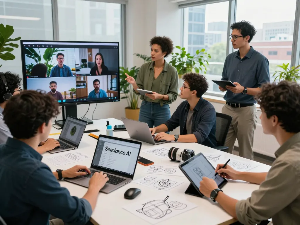 Seedance AI video production team collaborating and analyzing AI-generated footage in a modern workspace.