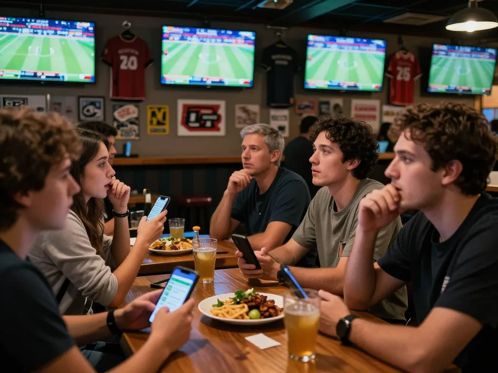 In a lively sports betting atmosphere, patrons use keonhacaihomnay for real-time odds while watching live matches.