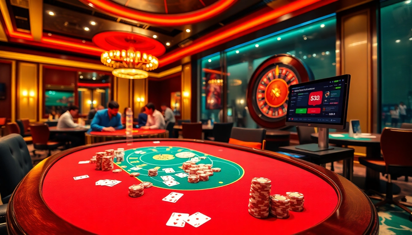 Engaged players experience thrill at a chotruyen poker table in a vibrant casino.