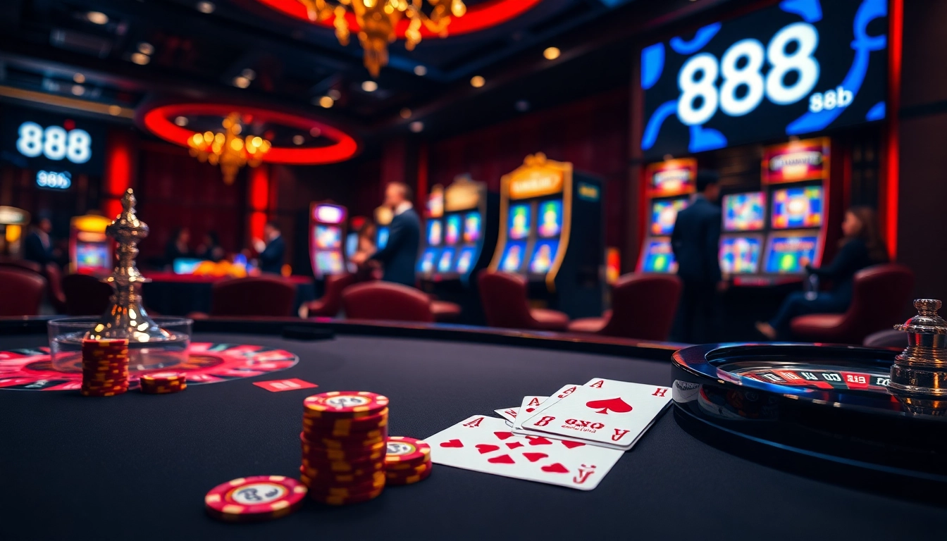 Players enjoying games at 888b casino, featuring poker tables and vibrant slot machines.