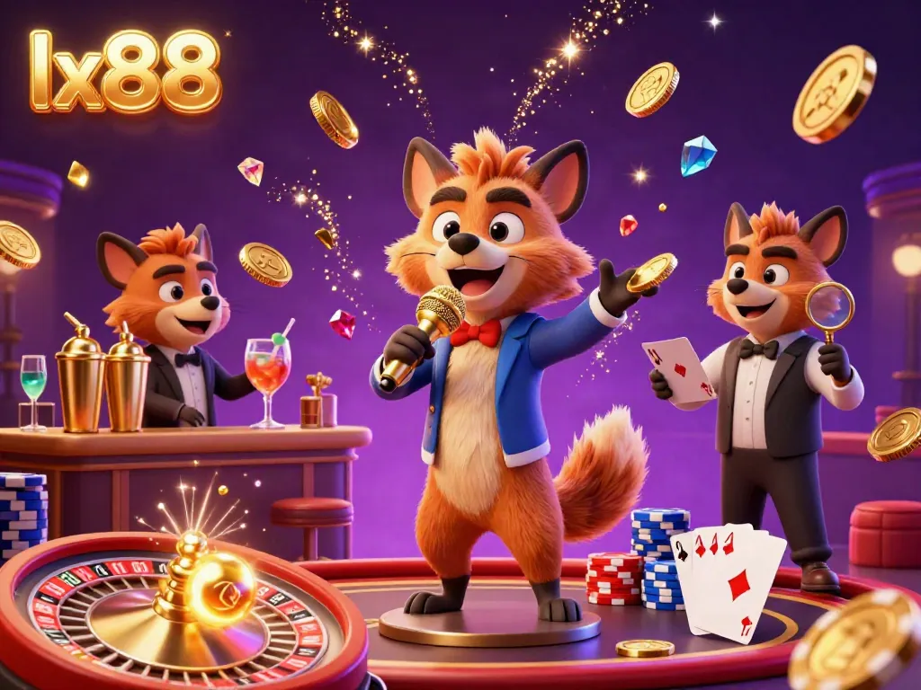 Experience the exhilarating atmosphere of lx88 with 3D cartoon hyenas performing in a vibrant comedy casino club, surrounded by cascading coins.