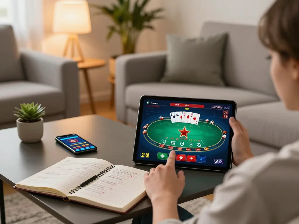 Player engaged with v788 online casino app, showcasing a poker interface on tablet in cozy home setup.