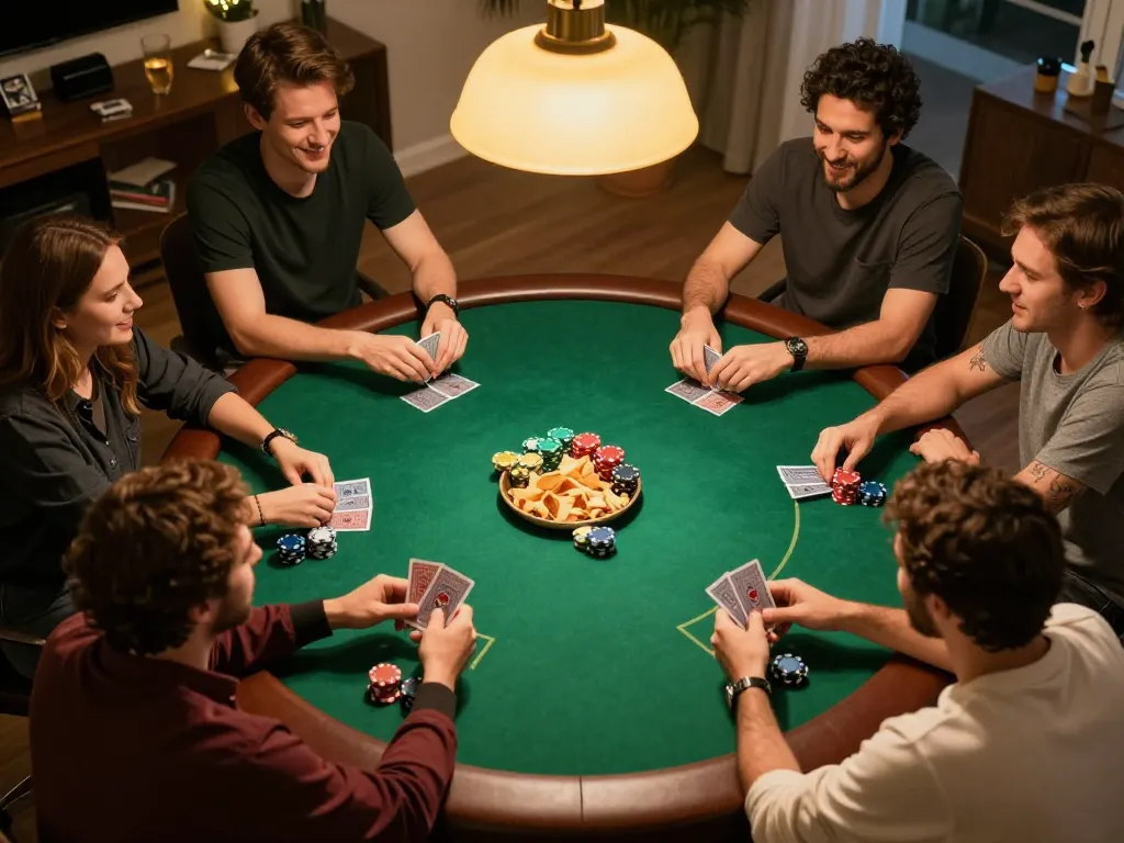 Friends enjoying a lively poker game night at home, showcasing 789club gaming strategy and camaraderie.