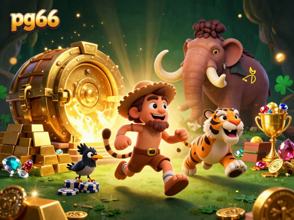 Experience the thrill of play at pg66 with stone poker chips and golden treasures in a vibrant casino scene.