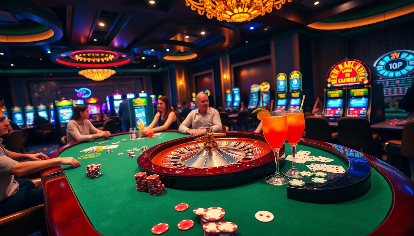 Gamblers enjoying exciting games at sv 88, surrounded by colorful chips and flashing slot machines.
