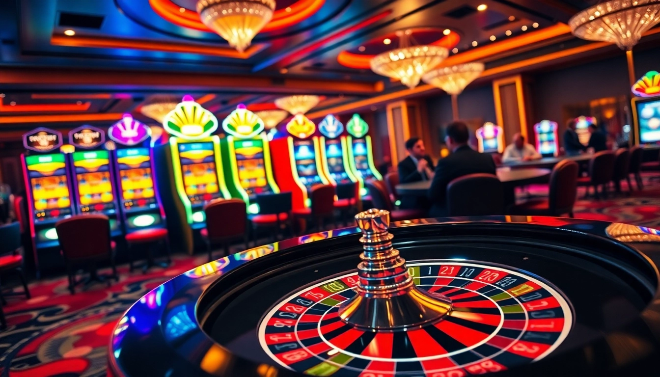 Exciting casino scene showcasing tg88, with poker games, roulette table, and slot machines in vibrant atmosphere.