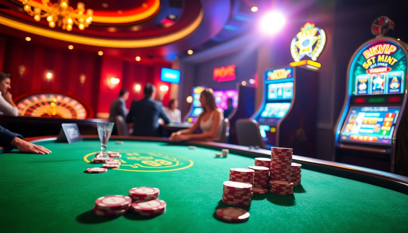 A vibrant poker scene at rikvip casino with engaging players and a spinning roulette wheel.