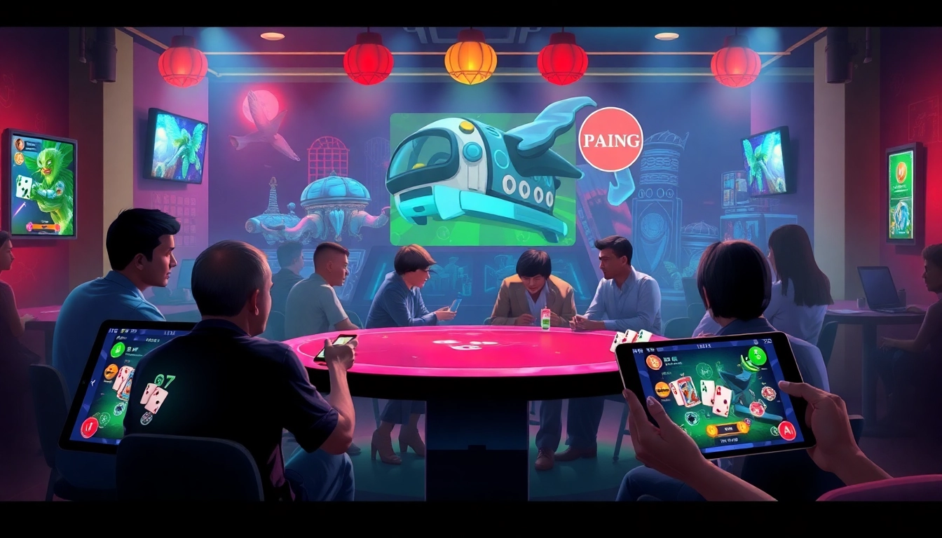 Players enjoying card games online at gamebaidoithuong.com.vc in a vibrant virtual gaming room.