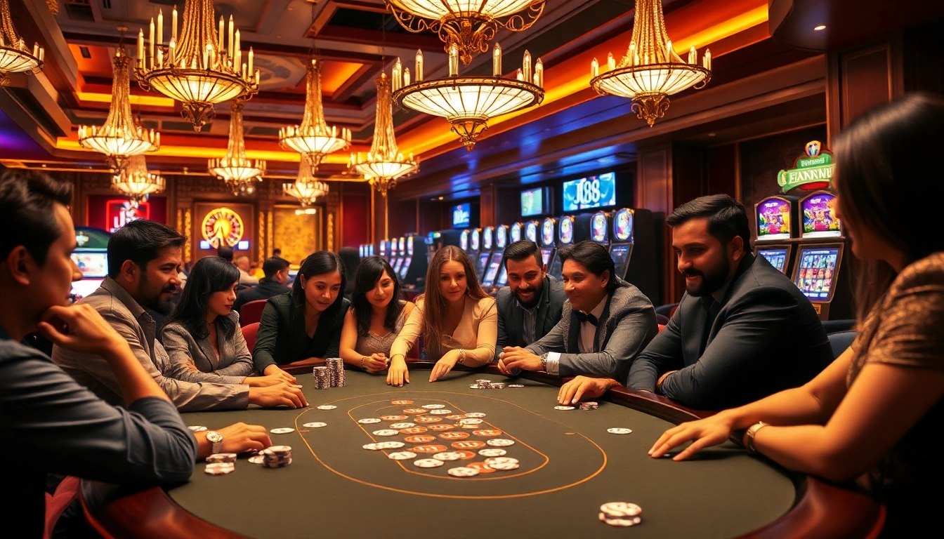 Players strategizing at the j88 poker table in a luxurious casino setting.