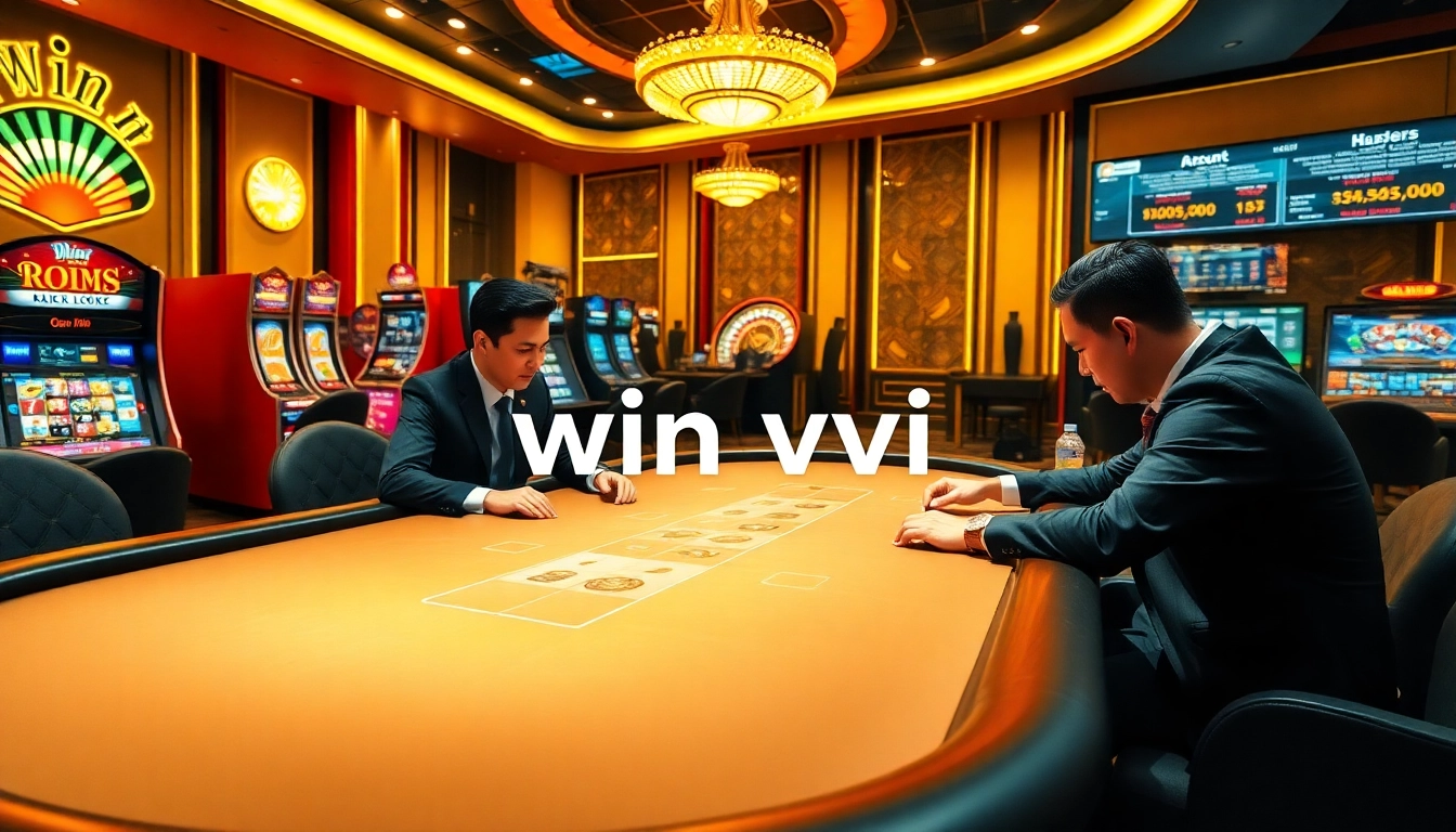 Players enjoying a thrilling game at win vn online casino, surrounded by vibrant tables and slot machines.