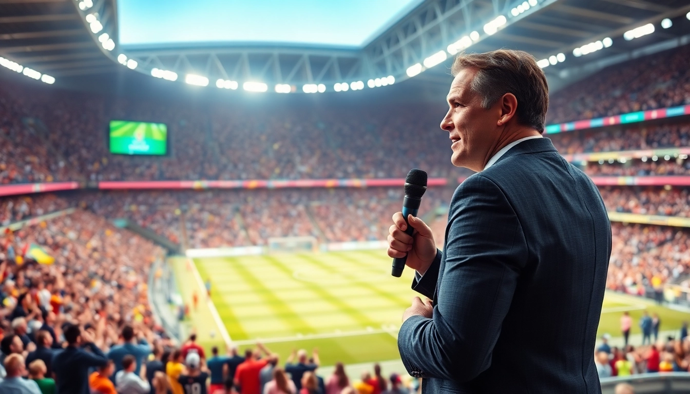 Engaging visual of Sports Broadcasting with a live broadcaster in a dynamic stadium setting.