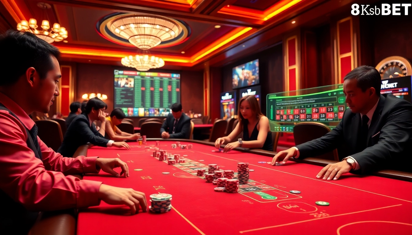Experience the thrill of Game bài 8KBET at a luxurious casino table with vibrant chips.