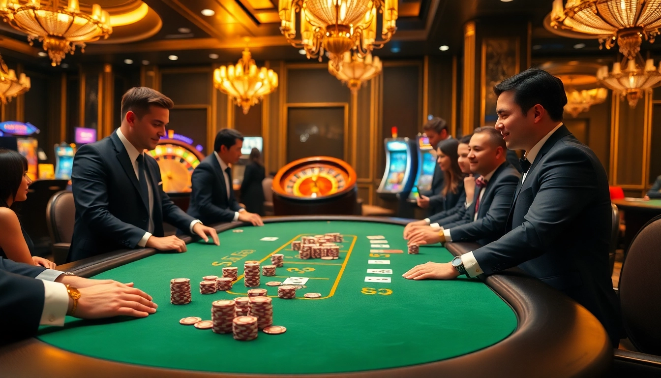 Experience the thrill of tr88 at a luxurious casino with poker chips and a roulette wheel.